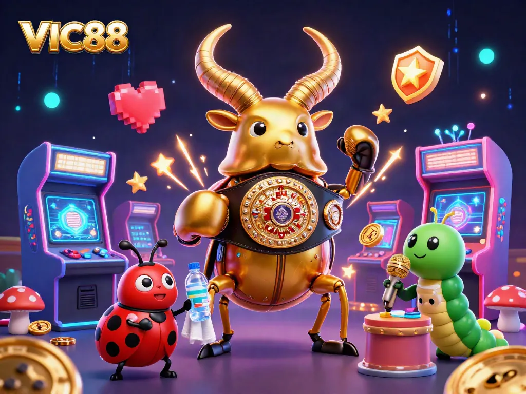Experience thrilling gameplay and winning at VIC88 with vibrant casino-themed characters and elements in an exciting 3D illustration.