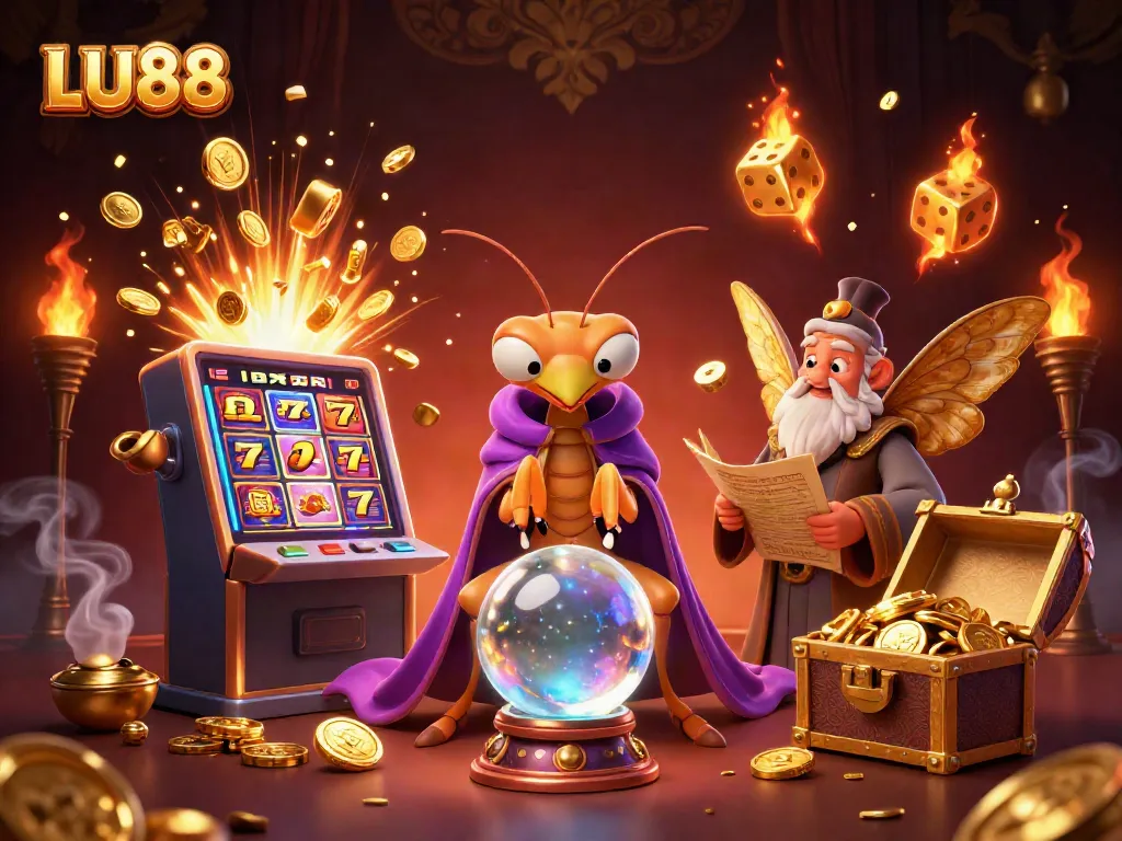 LU88 players enjoy thrilling jackpots surrounded by vibrant casino elements in a fantasy landscape.