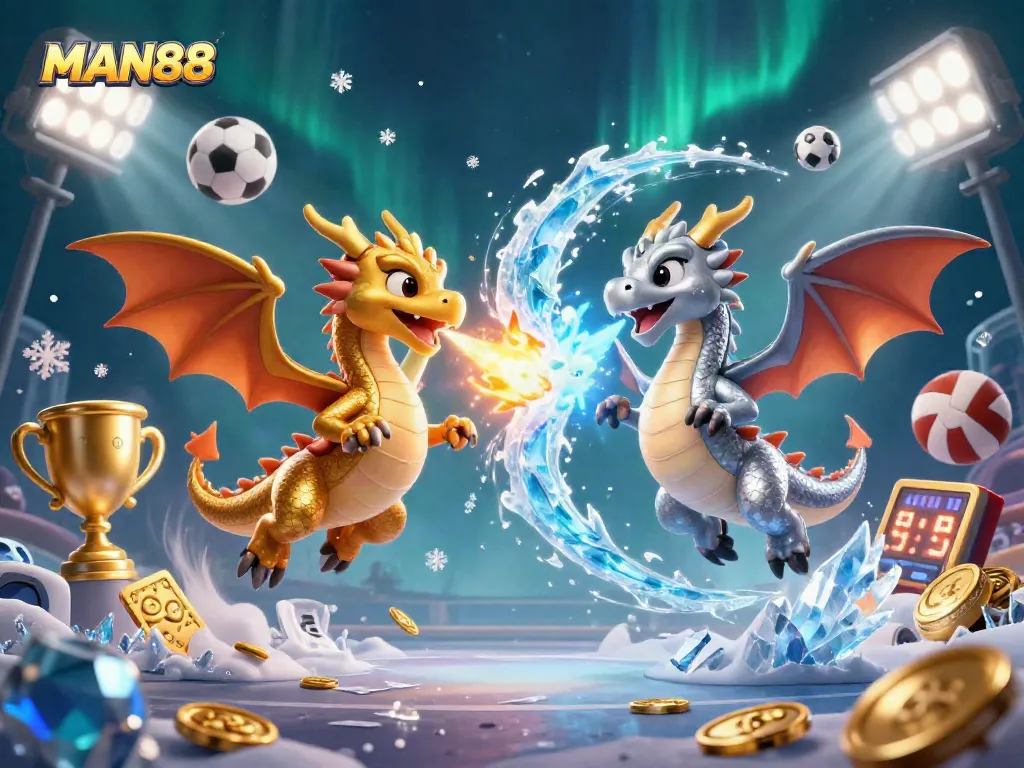Win big with MAN88 in this dynamic casino scene featuring dragons and sports elements.