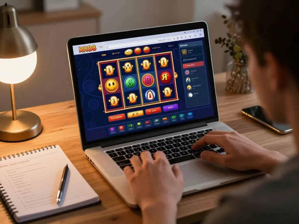 Engaging with online slot games on RR88, showcasing vibrant interface and user strategy notes