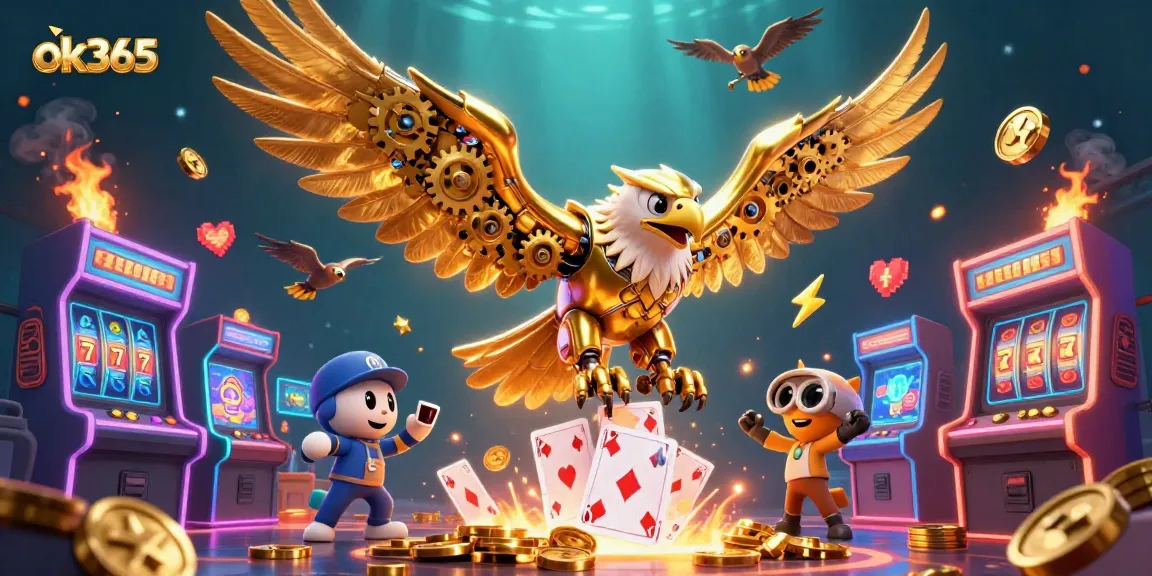 Engage with dynamic slots gameplay at ok365 with a golden eagle diving through colorful holographic playing cards.