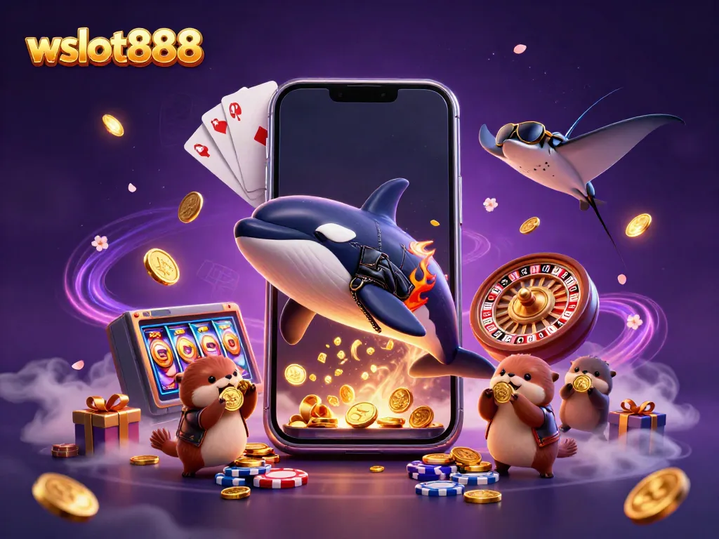 Mempresentasikan wslot888 dalam ilustrasi 3D dengan karakter orca, stingray, dan berang-berang sambil menangkap koin emas.