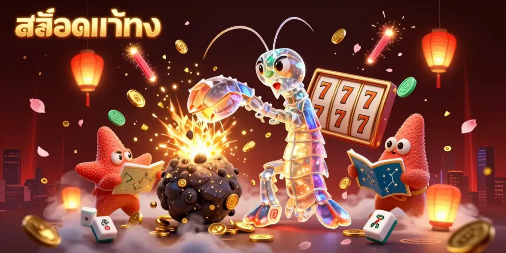 Experience the excitement of สล็อตแท้ตรง with a dynamic 3D scene featuring vibrant slot symbols and mystical characters.