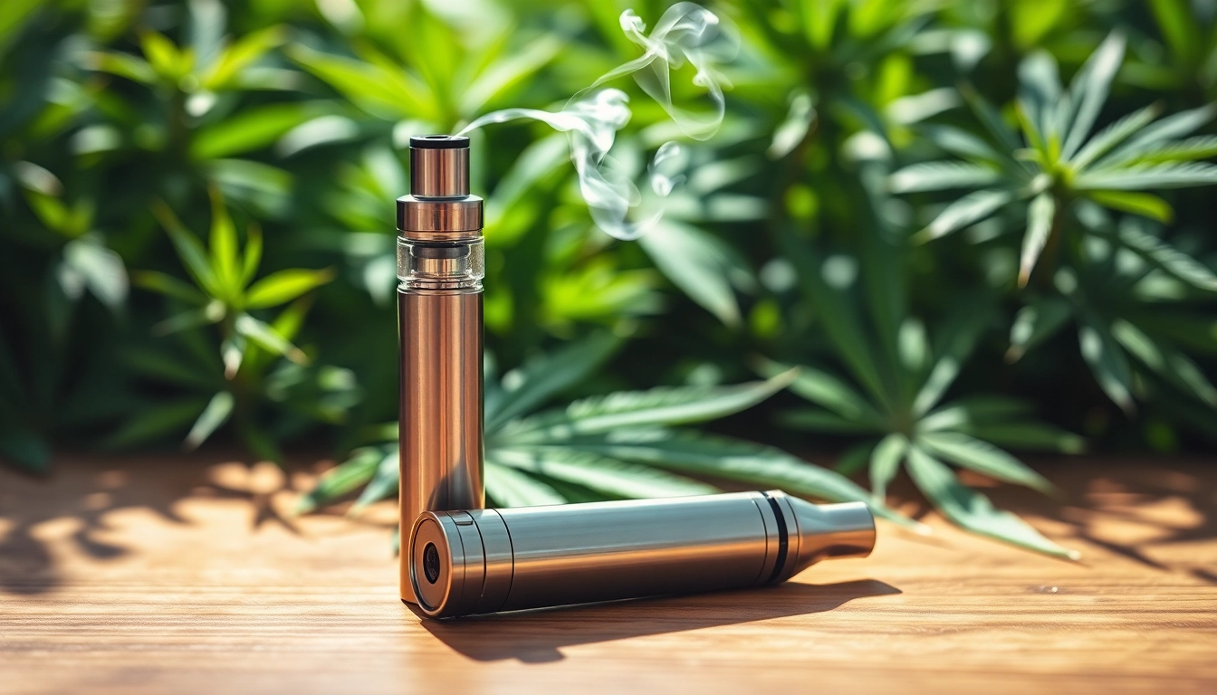 Showcasing a sophisticated Cannabis Vape pen on wood with cannabis leaves in soft focus.