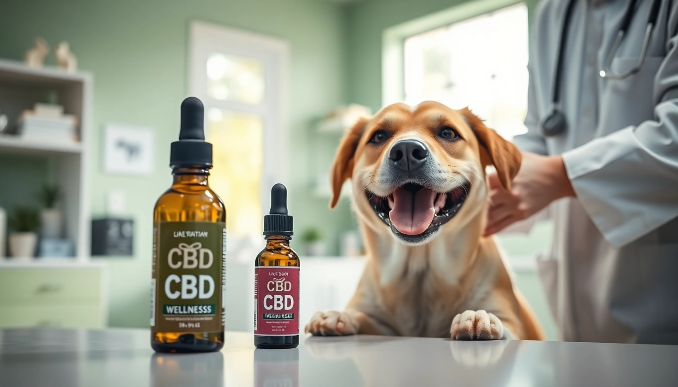 Calm dog receiving care and CBD For Pet treatment in a serene veterinary clinic.