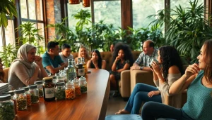 Experience the welcoming atmosphere of a cannabis club surrounded by vibrant greenery and diverse patrons.