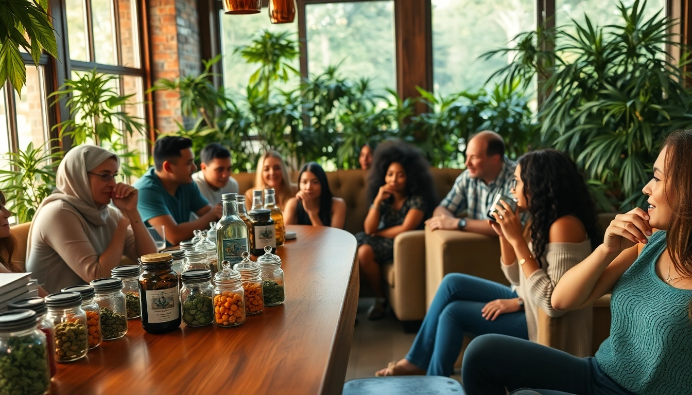 Experience the welcoming atmosphere of a cannabis club surrounded by vibrant greenery and diverse patrons.