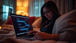 Engaging in thrilling ai porn chat on a sleek laptop in a cozy room with ambient lighting.