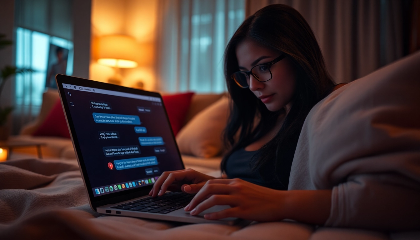 Engaging in thrilling ai porn chat on a sleek laptop in a cozy room with ambient lighting.