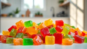 Enjoy delightful Weed Gummies arrayed in a modern kitchen setting, inviting freshness and flavor.