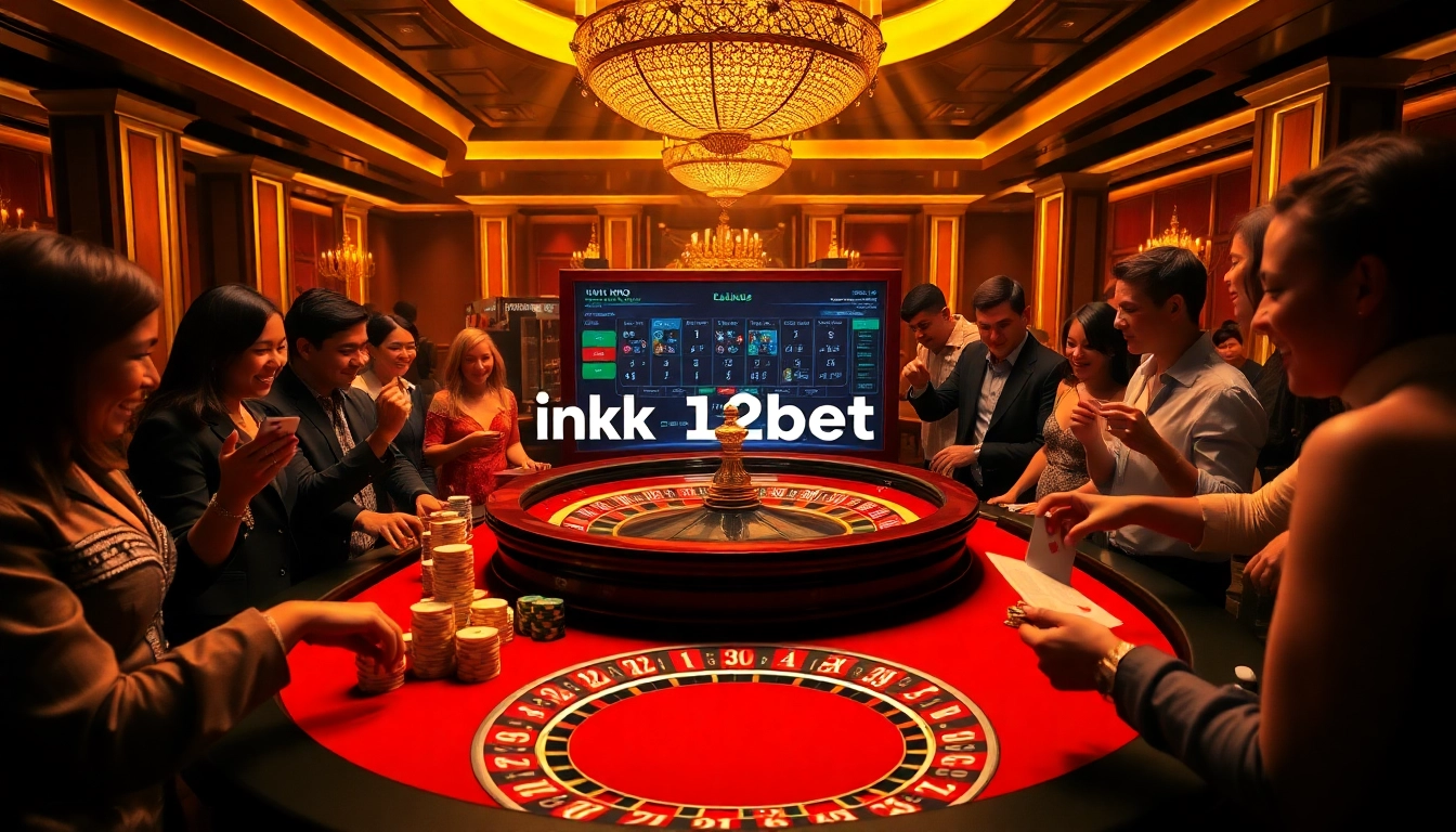 Engaging casino action highlighting ink vao 12bet with roulette and chip stacks.