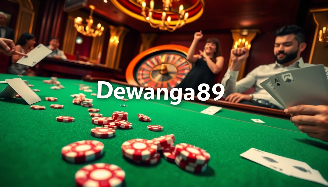 Pemain Dewanaga89 merayakan momen kemenangan dengan chip poker di meja kasino online.