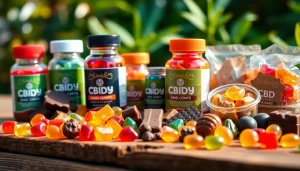 Display of vibrant wholesale cbd edibles on a rustic table, highlighting organic textures and inviting colors.
