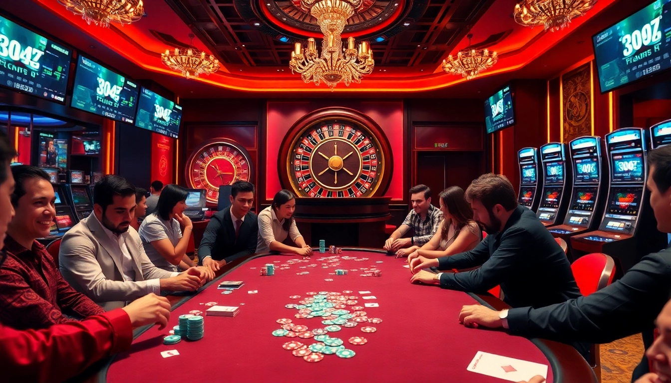 An exhilarating casino scene showcasing a luxurious poker table, vibrant poker chips, and slot machines at mg188.