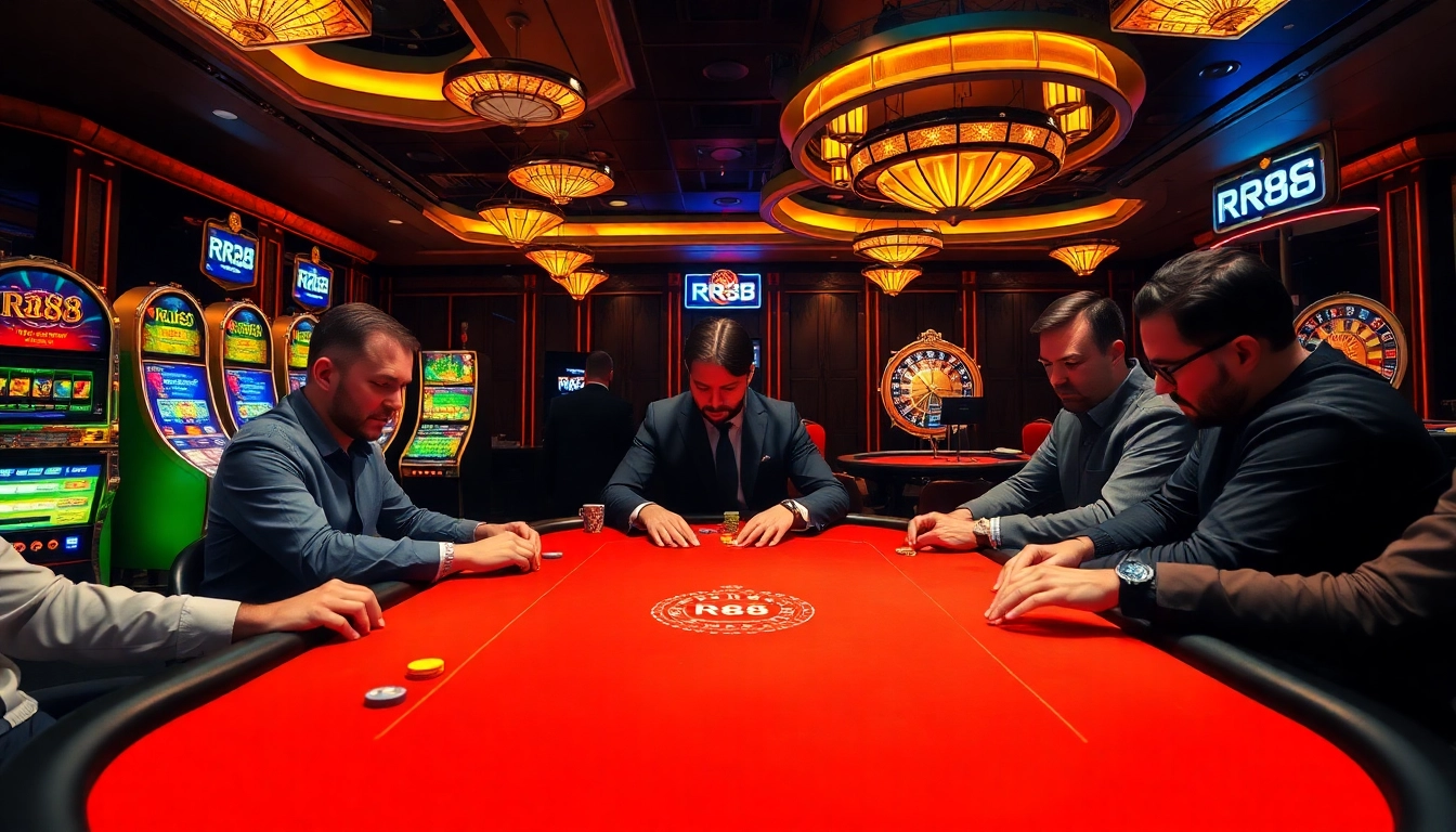Experience thrilling gameplay at RR88 with professional poker players and vibrant casino elements.
