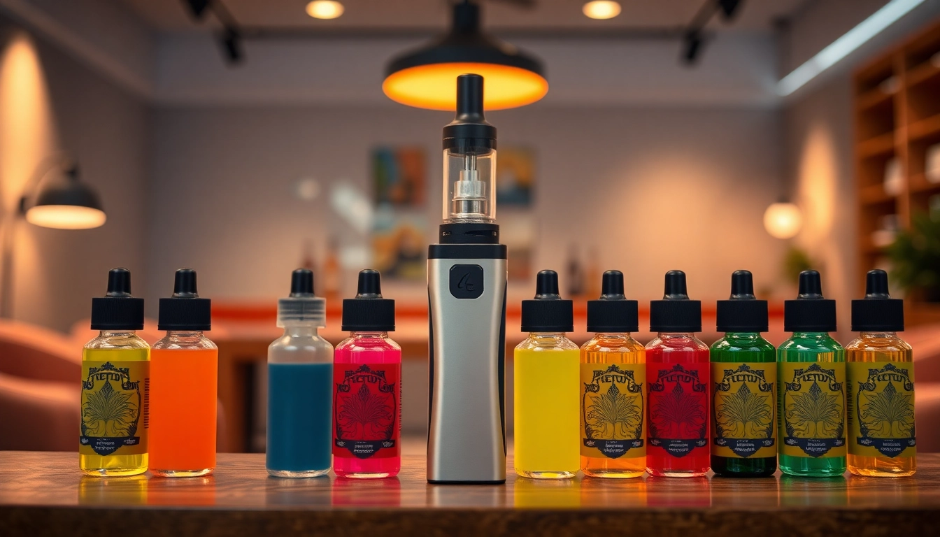 Showcasing a stylish vape device alongside colorful vape & e-liquids in a modern, inviting setting.