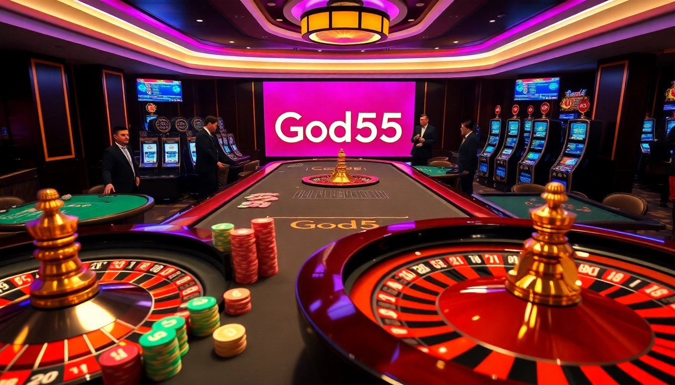 God55 gaming table featuring roulette wheels and vibrant poker chips in a luxurious casino setting.
