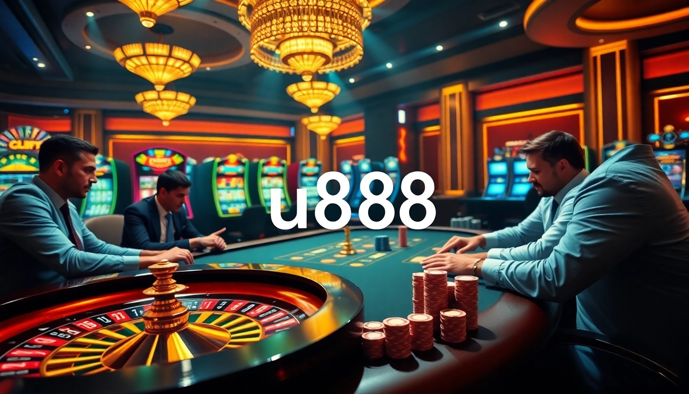 Exciting poker gameplay at u888 casino with vibrant casino elements and colorful slot machines.