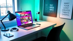 Exploring top OnlyFans discovery tools in a vibrant workspace with a laptop and tech gadgets.