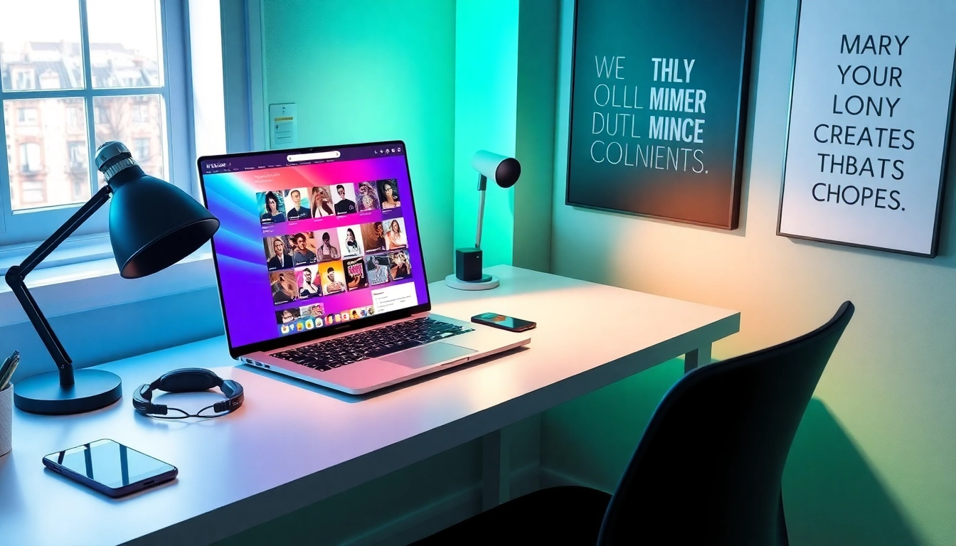 Exploring top OnlyFans discovery tools in a vibrant workspace with a laptop and tech gadgets.