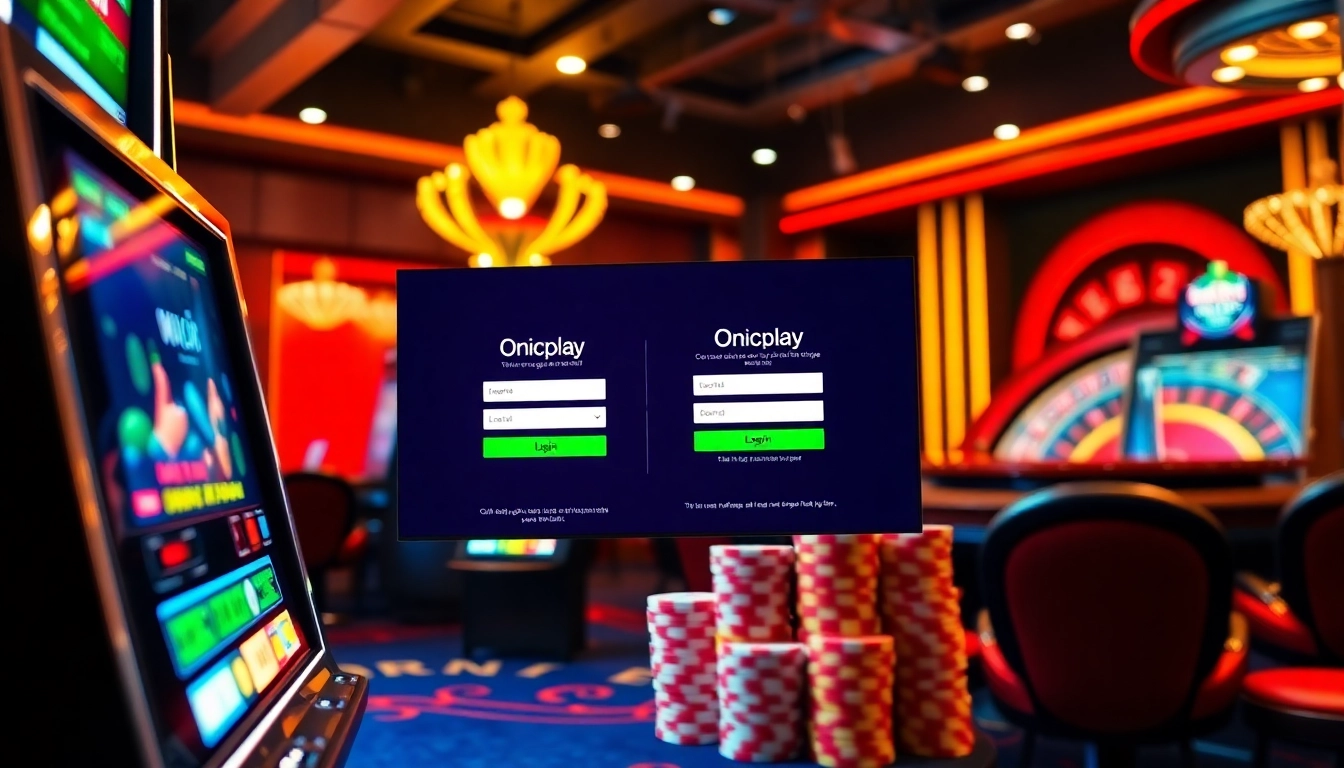 Engage with the Onicplay login interface while enjoying a luxurious casino atmosphere filled with vibrant slot machines.