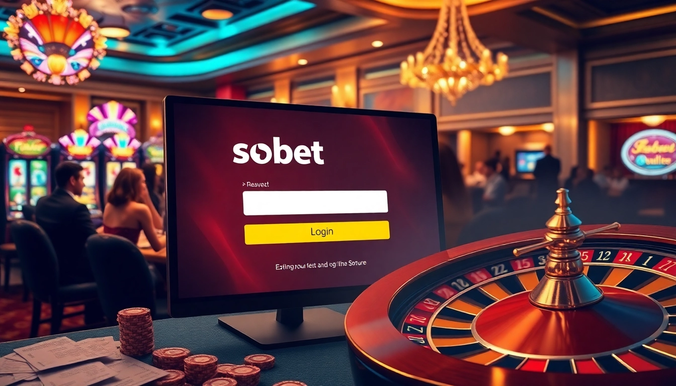 Engaging sbobet login interface amid a luxurious casino setting with poker tables and colorful slot machines.