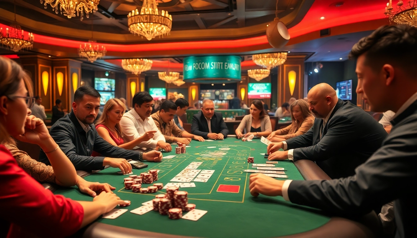Players enjoying poker at a casino table showcasing mm888.media's gaming excitement.