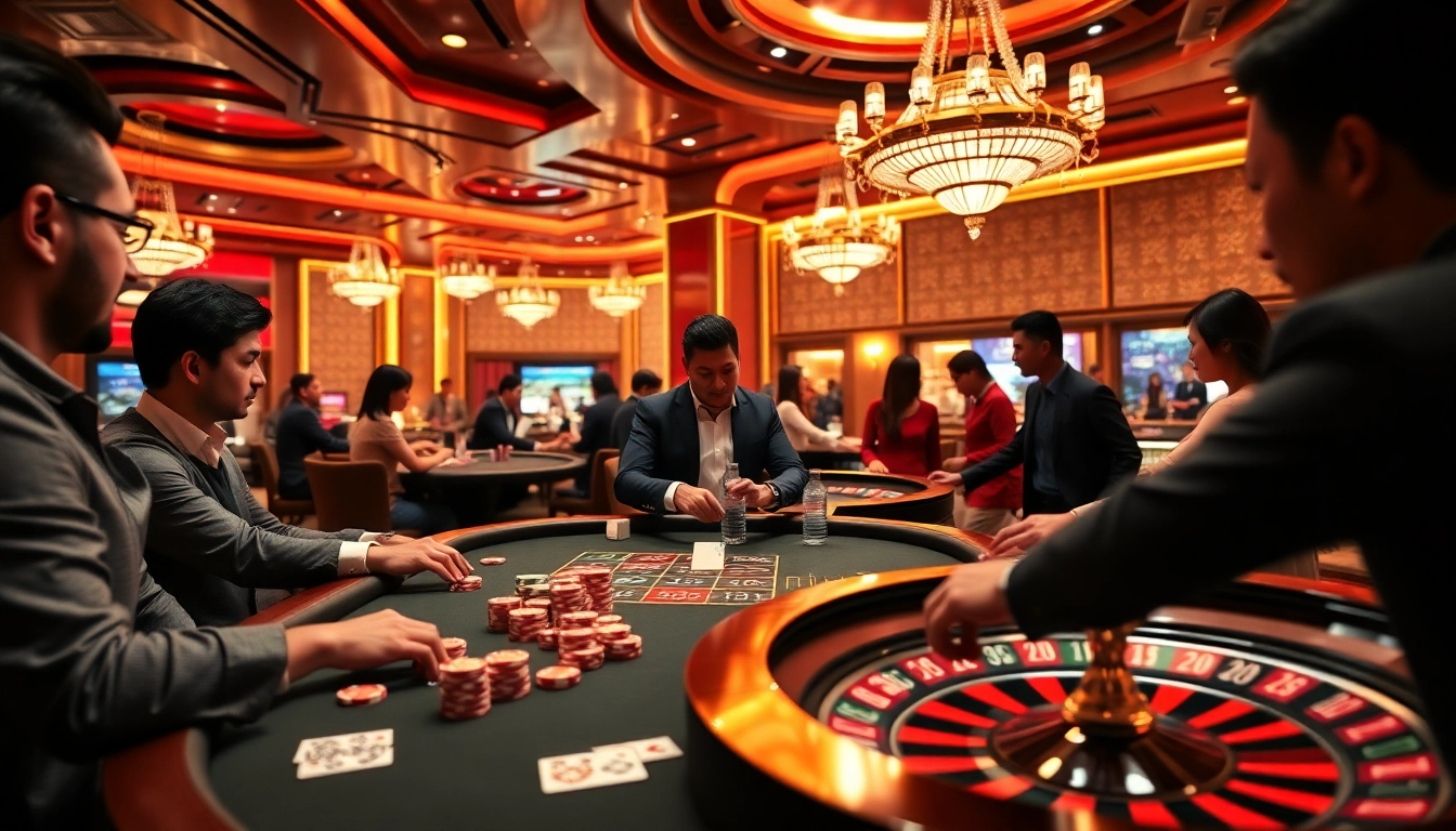 Players engaging at a lively bk8thai casino table, showcasing excitement and luxury in gaming.