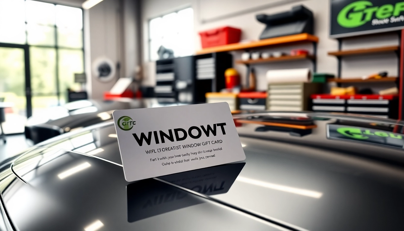 Presenting a window tint gift card on a sleek car in a modern automotive shop backdrop.