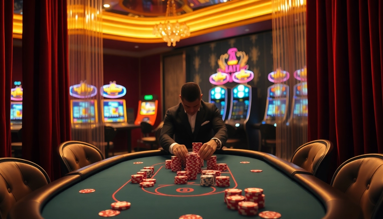 Experience thrilling gameplay at mm88k.media featuring an elegant casino scene with a poker table and vibrant slot machines.