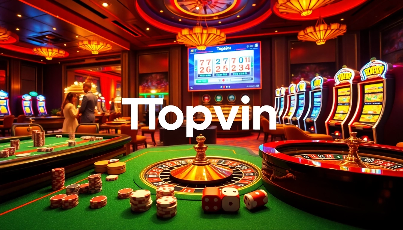Experience Topvin's thrilling casino atmosphere with engaging games and vibrant gambling elements.