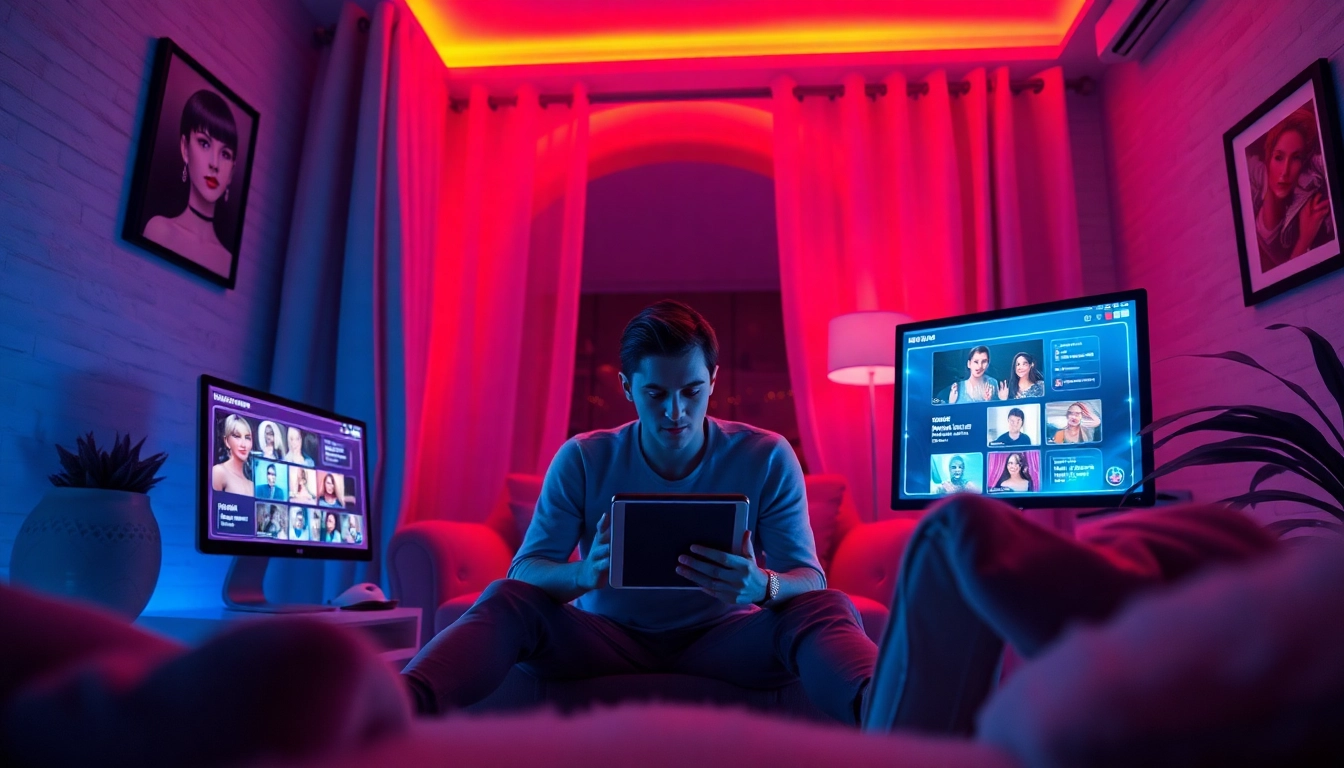 Engaging user immersed in an NSFW AI chat experience in a cozy, stylish room.