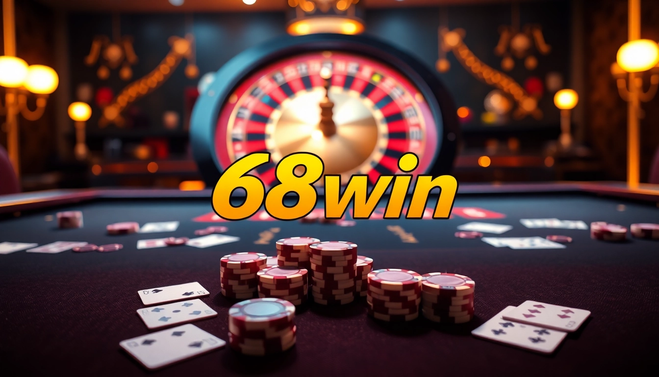 Experience the thrill of 68win with an elegant online casino atmosphere featuring vibrant graphics and luxurious tables.
