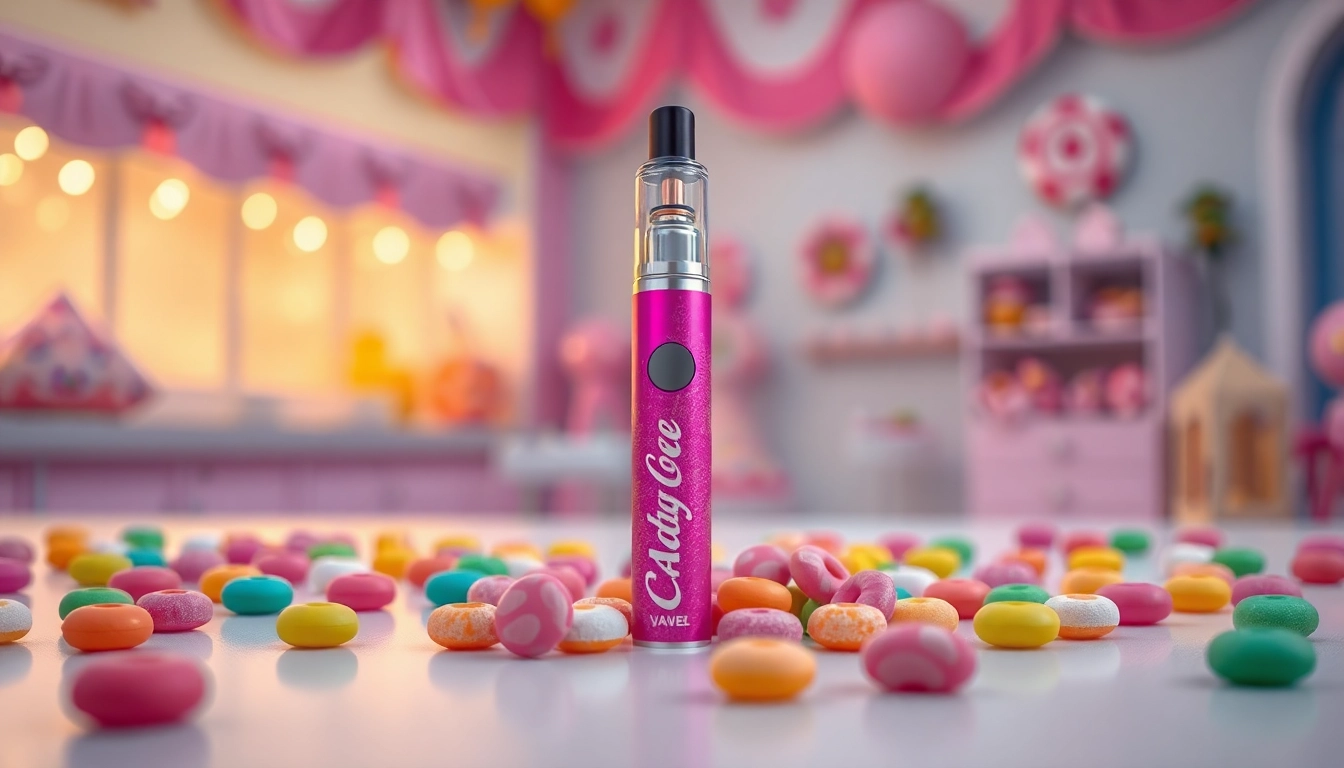 Experience the vibrant candy vape pen surrounded by a rainbow of candy delights.
