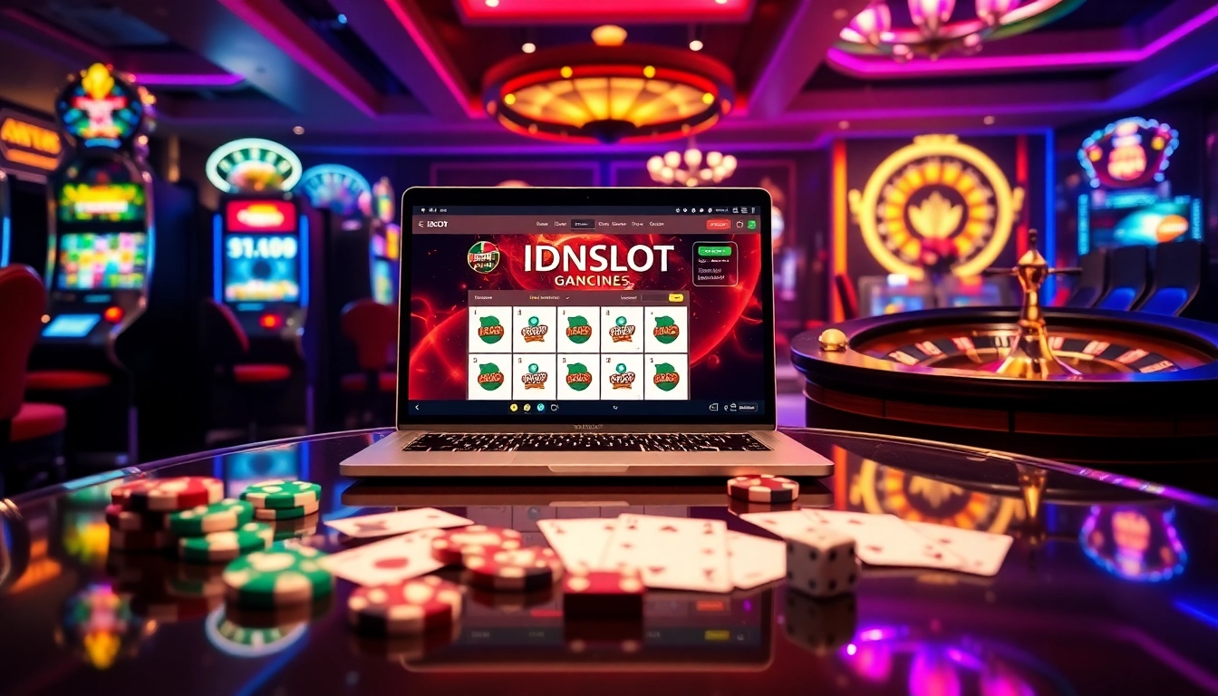 Experience the thrill of idnslot with vibrant casino elements including cards, dice, and slot machines.