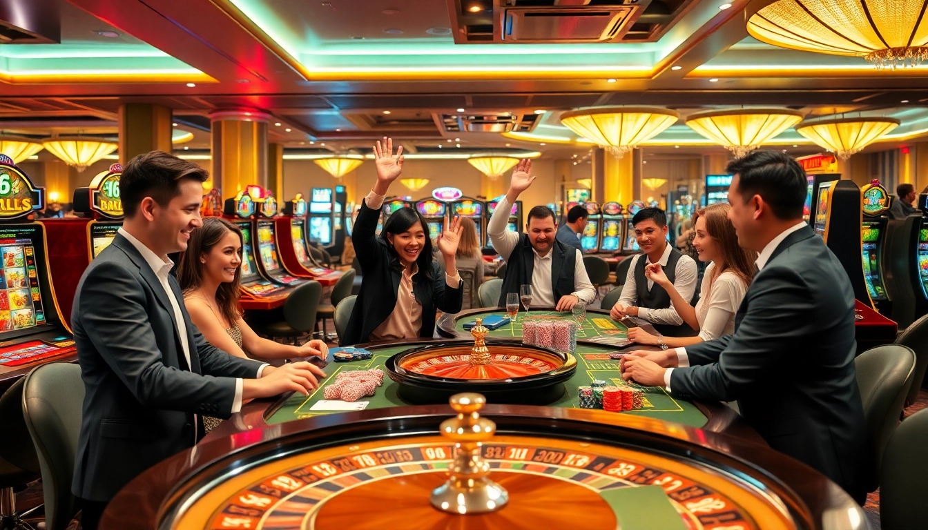 Players enjoy an exciting gaming atmosphere at mb66 casino with vibrant slots and tables.