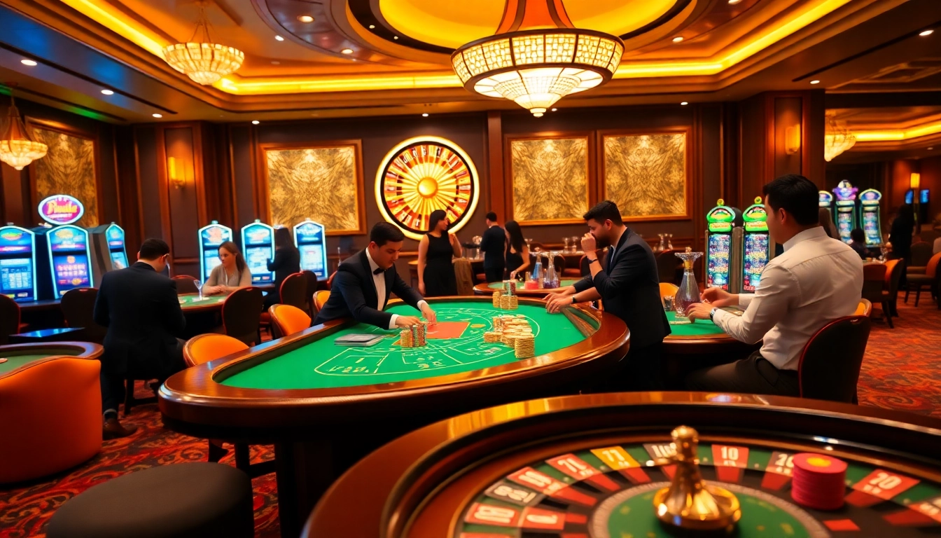 GG88 casino scene with vibrant games, poker chips, and roulette wheel for immersive gambling experience.
