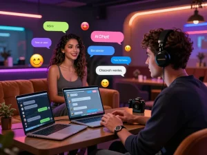 Engaging NSFW AI character chat scene, showcasing interactive technology and vibrant design elements.