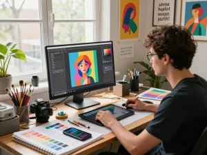 Artist generating AI art using nano banana image editor in a colorful digital studio.