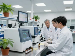 EU cannabinoid manufacturer scientists analyzing cannabinoid extracts in a modern laboratory.