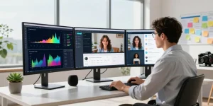 AI detector analysis in a vibrant digital workspace, showcasing image analysis with color graphs and algorithms.
