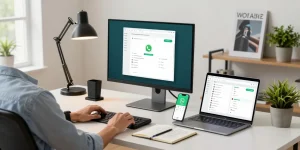 WhatsApp電腦版 interface displayed on a sleek desk in a modern workspace.