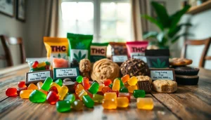 THC edibles UK displayed on a wooden table showcasing an array of colorful treats.