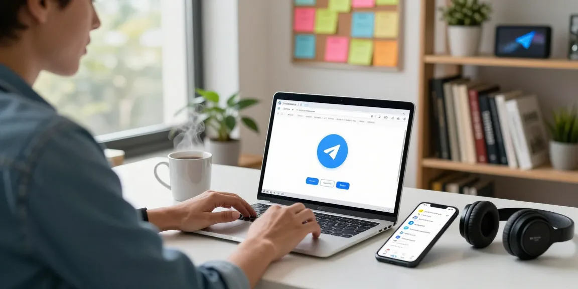 Using telegram中文版下载 on a laptop in a modern home office setting with a user engaging in communication.