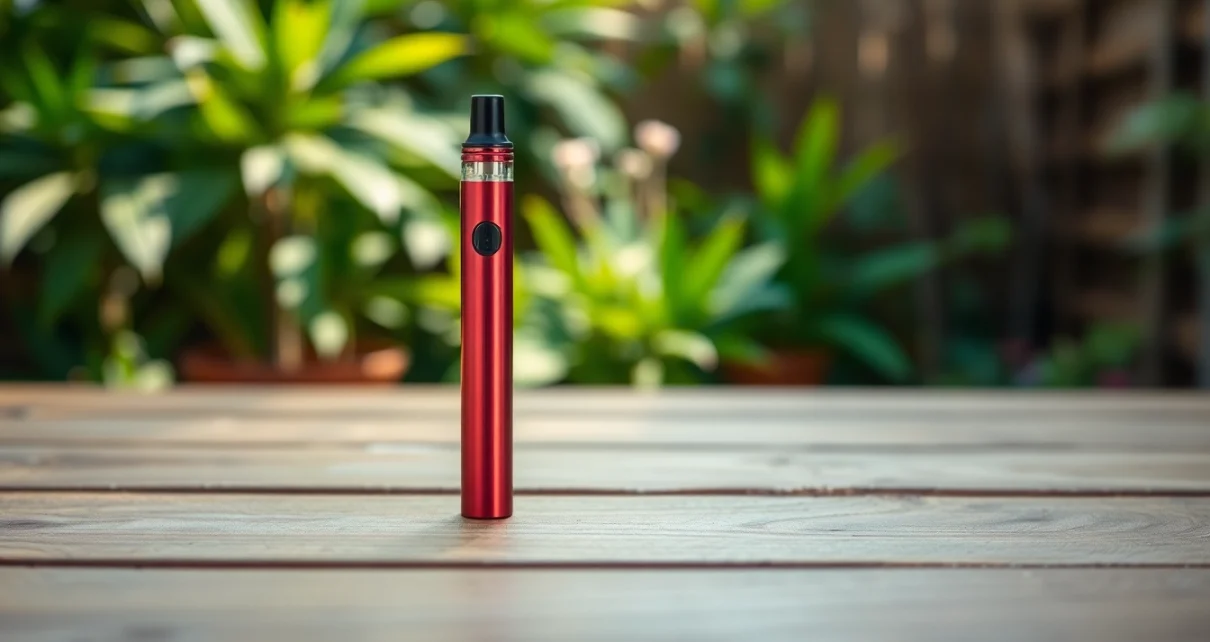 Showcasing a pure thc vape pen disposable with sleek design amidst a natural garden, promoting its vibrant appeal.