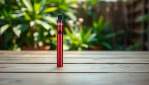 Showcasing a pure thc vape pen disposable with sleek design amidst a natural garden, promoting its vibrant appeal.