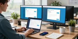 Person using the Telegram Web Version on dual monitors in a modern office.