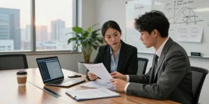 Asset tracing analysis in a modern office with financial data and investigator.