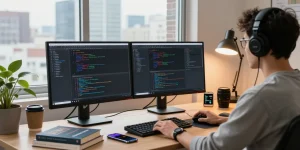 Dynamic software development workspace with dual monitors and a developer engaged in coding, highlighting telegram中文版下载 capabilities.