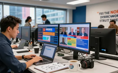 Journalist reporting live news at https://www.theindaily.com in a bustling newsroom.
